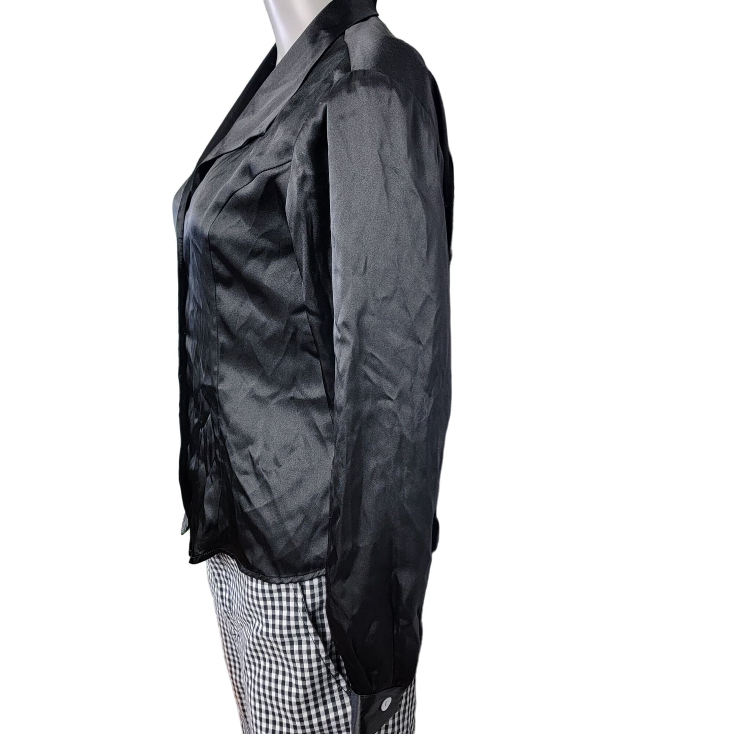 Vintage 90s Satin Shirt Women Medium Black Button Blouse