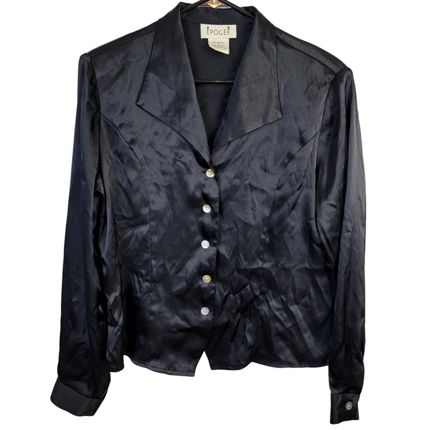 Vintage 90s Satin Shirt Women Medium Black Button Blouse