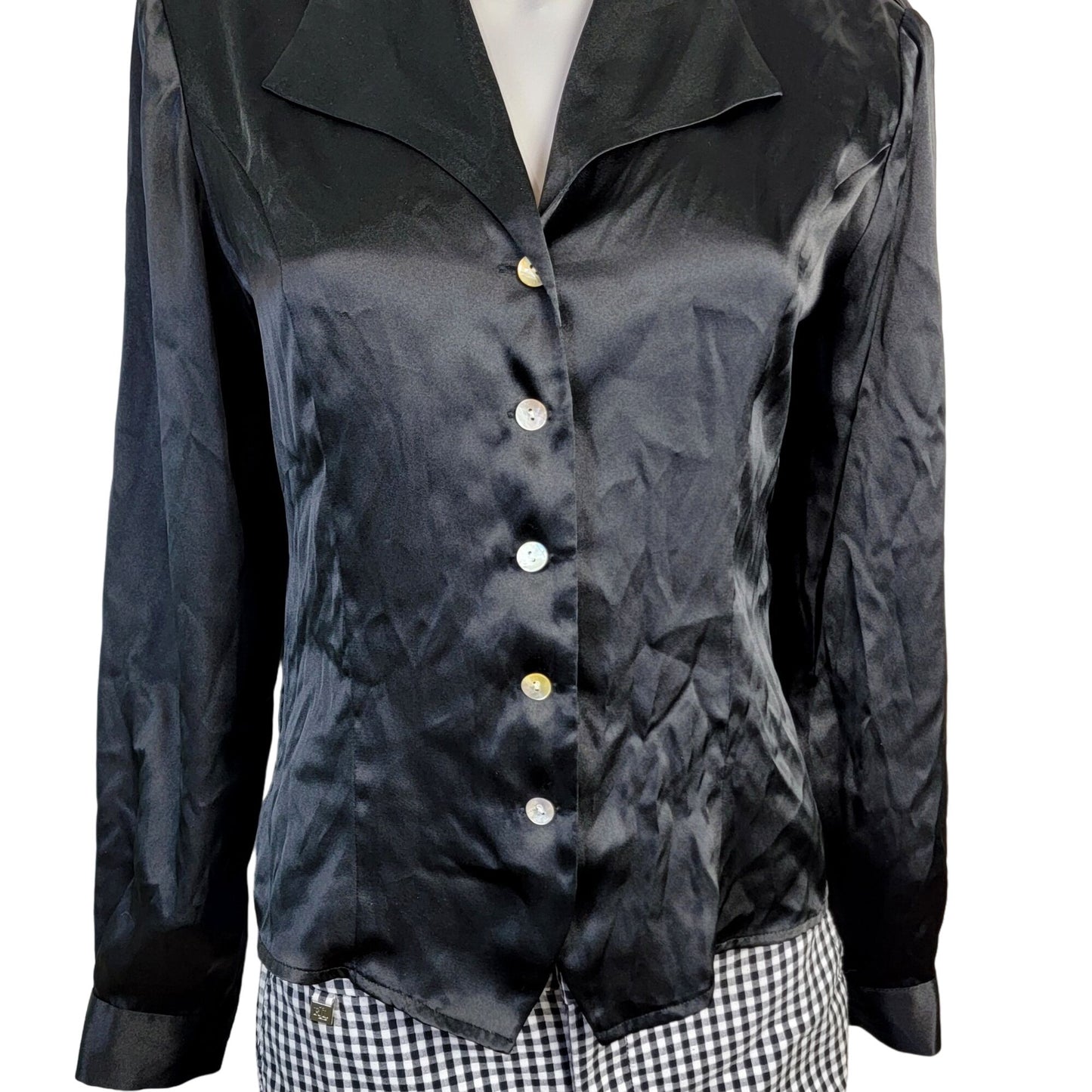 Vintage 90s Satin Shirt Women Medium Black Button Blouse