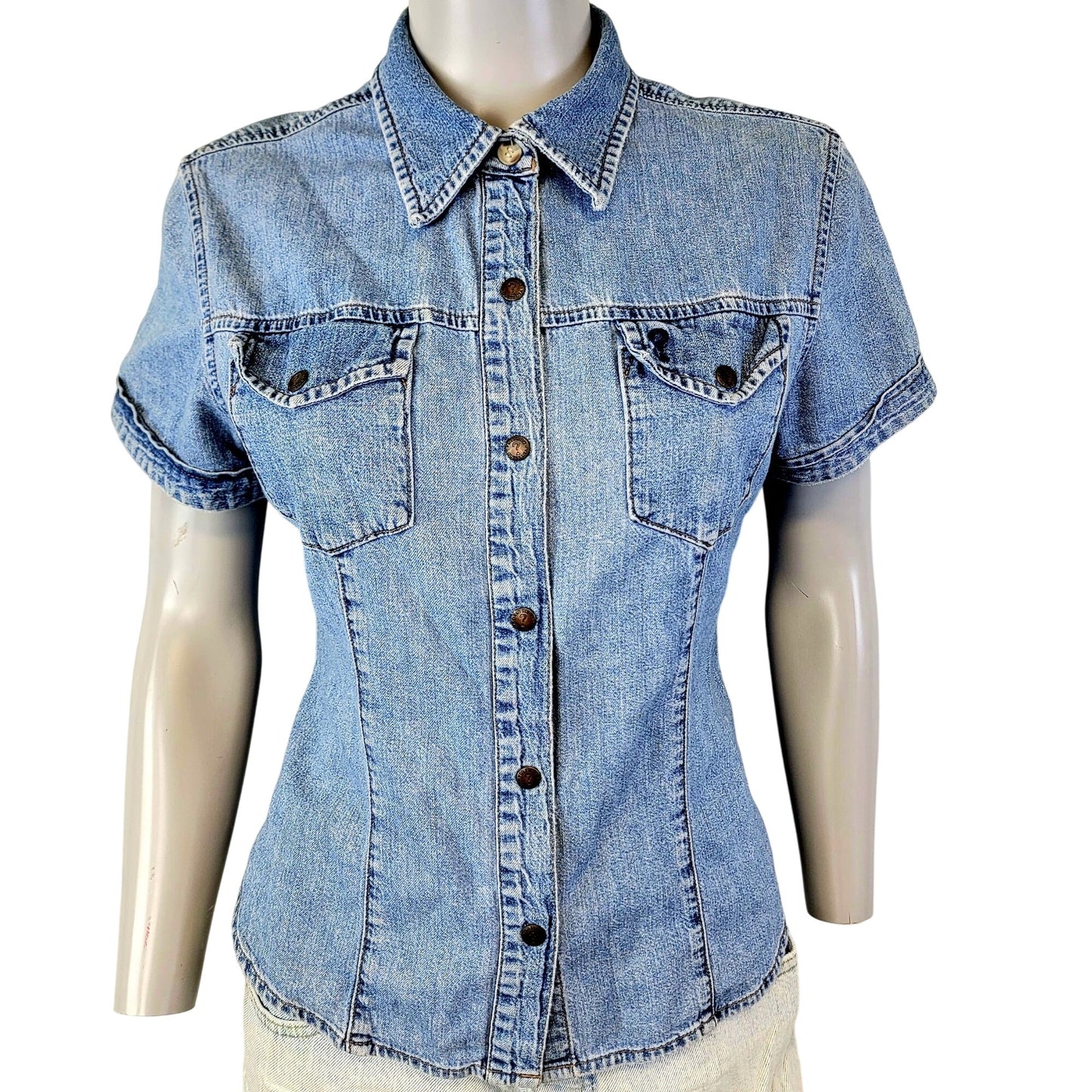 Guess Jeans Vintage 90s Denim Shirt Women Large 12 Short Sleeve Button Collar L