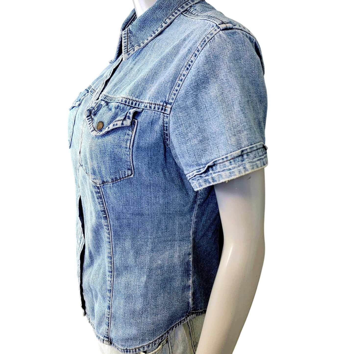 Guess Jeans Vintage 90s Denim Shirt Women Large 12 Short Sleeve Button Collar L