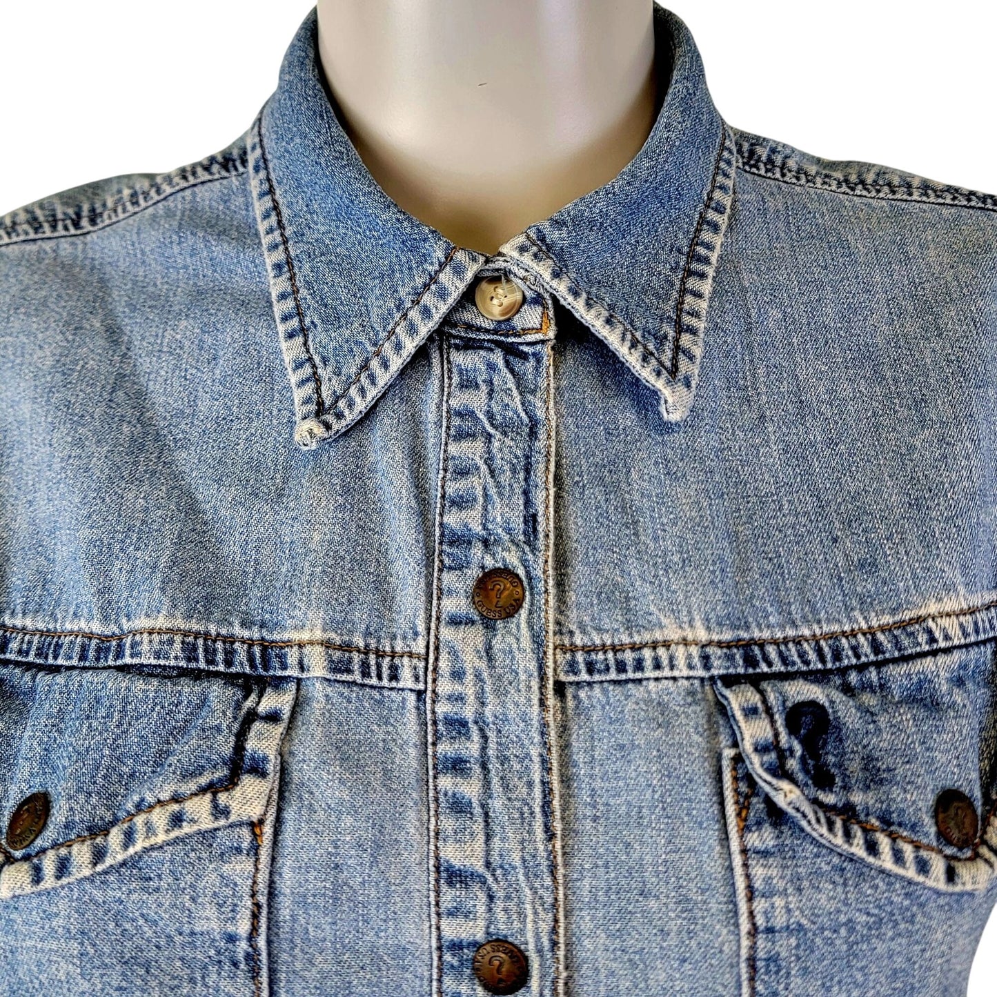 Guess Jeans Vintage 90s Denim Shirt Women Large 12 Short Sleeve Button Collar L