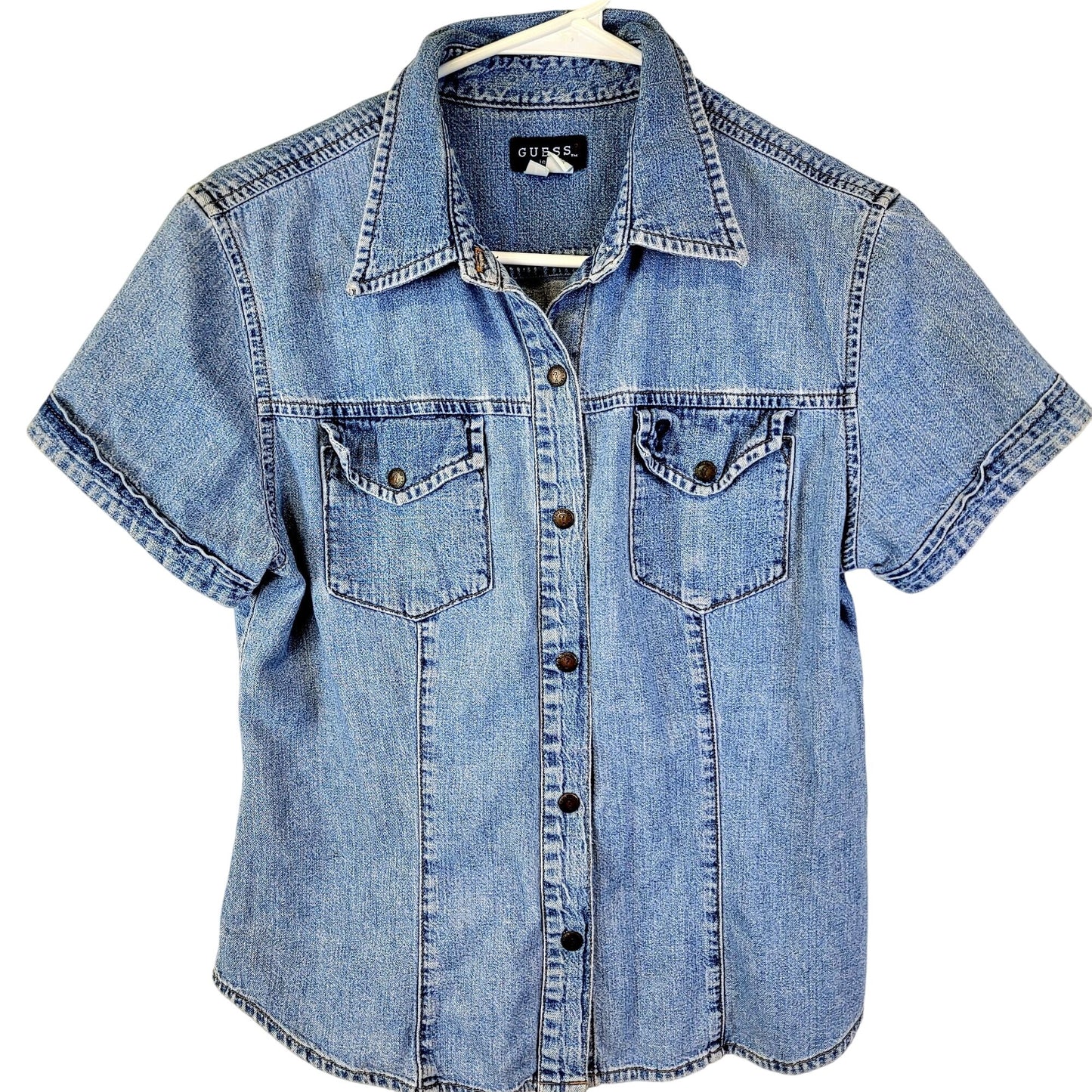 Guess Jeans Vintage 90s Denim Shirt Women Large 12 Short Sleeve Button Collar L