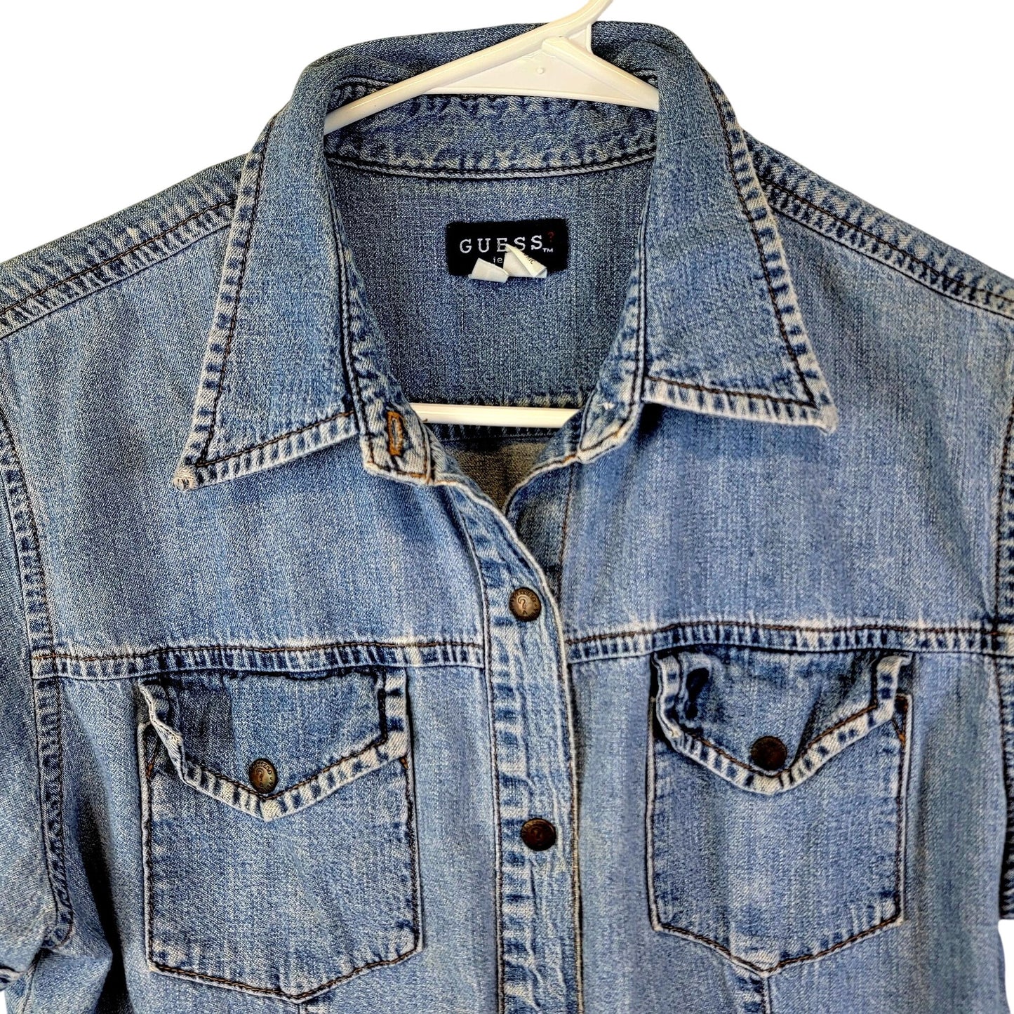 Guess Jeans Vintage 90s Denim Shirt Women Large 12 Short Sleeve Button Collar L