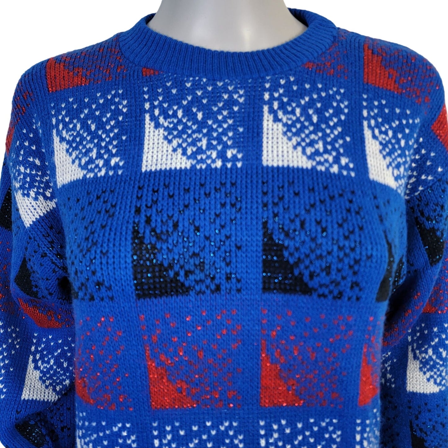 Vintage 70s Sweater Women Medium Metallic Patriotic Pullover Blue