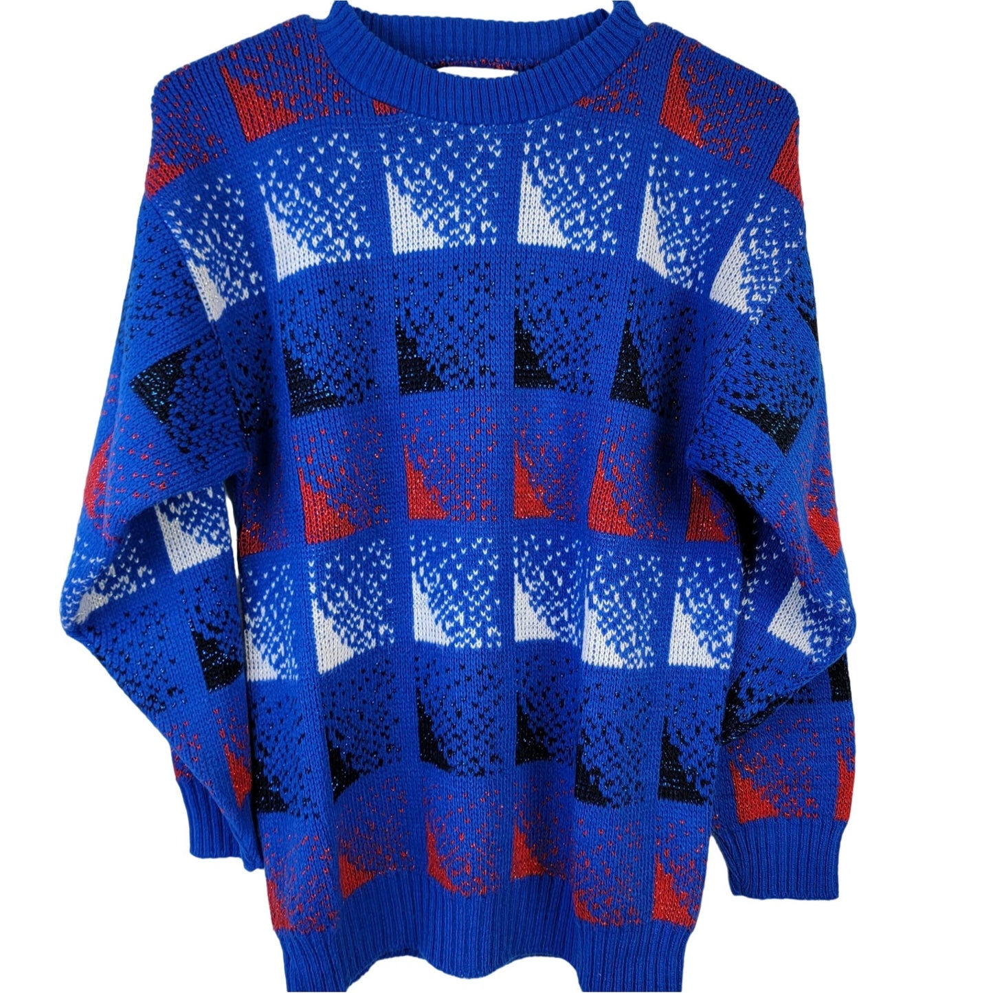 Vintage 70s Sweater Women Medium Metallic Patriotic Pullover Blue