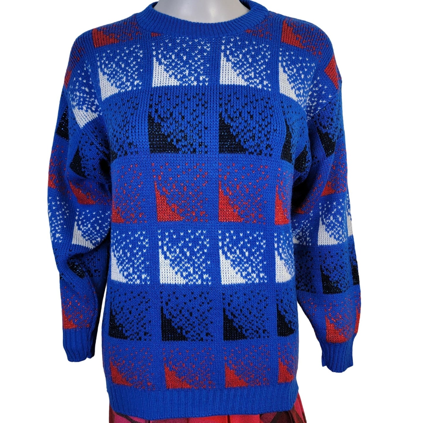 Vintage 70s Sweater Women Medium Metallic Patriotic Pullover Blue