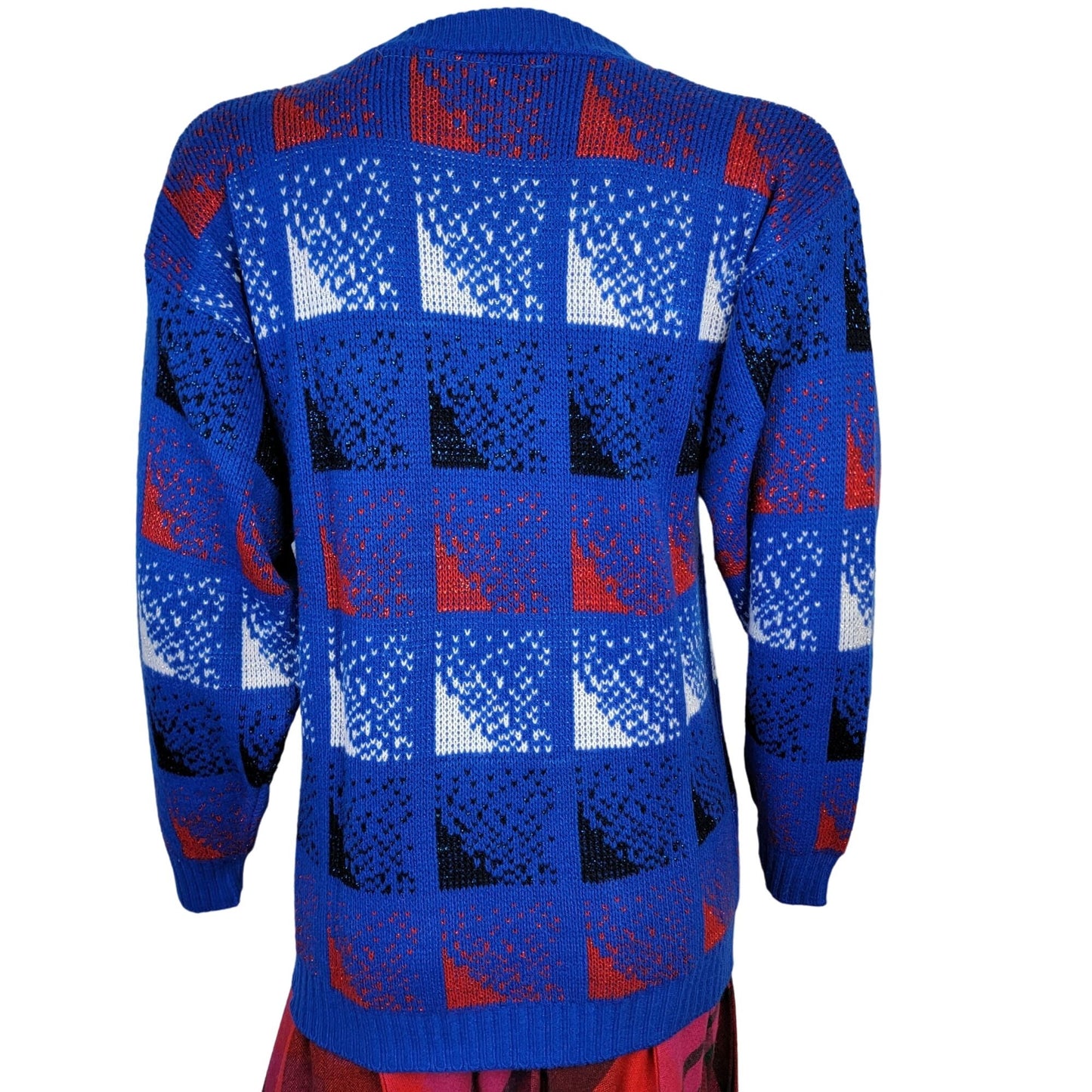 Vintage 70s Sweater Women Medium Metallic Patriotic Pullover Blue