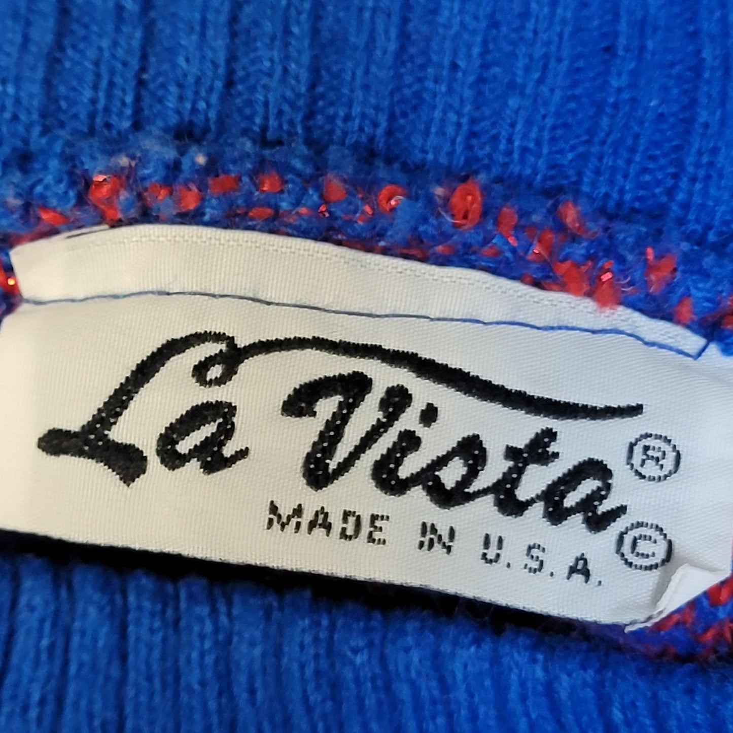 Vintage 70s Sweater Women Medium Metallic Patriotic Pullover Blue