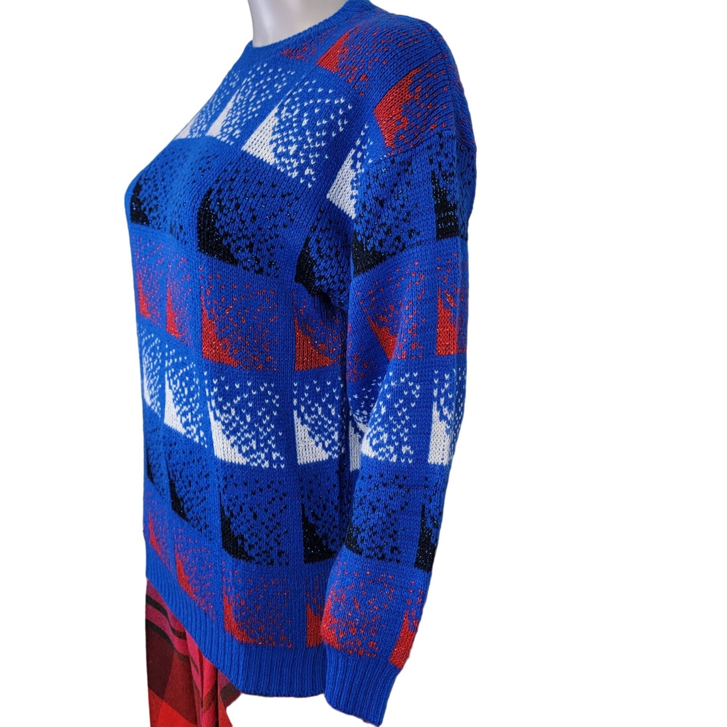 Vintage 70s Sweater Women Medium Metallic Patriotic Pullover Blue