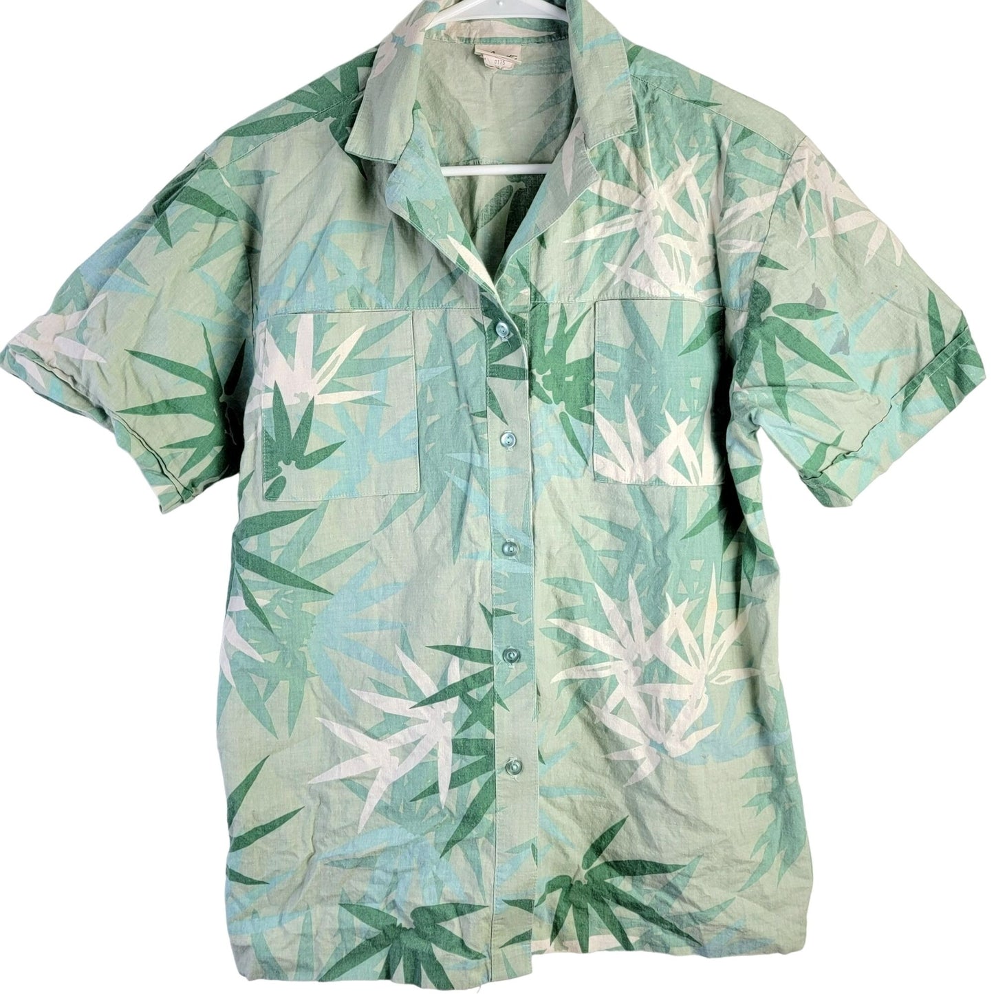 Vintage 80s Tropical Palm Button Shirt Women Large Green Top