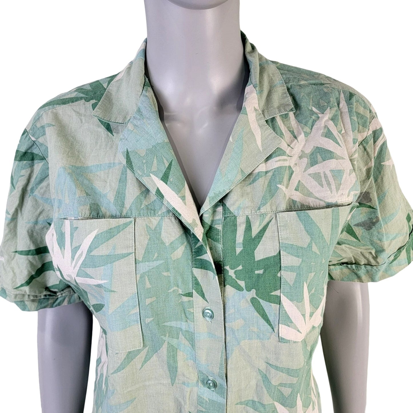 Vintage 80s Tropical Palm Button Shirt Women Large Green Top