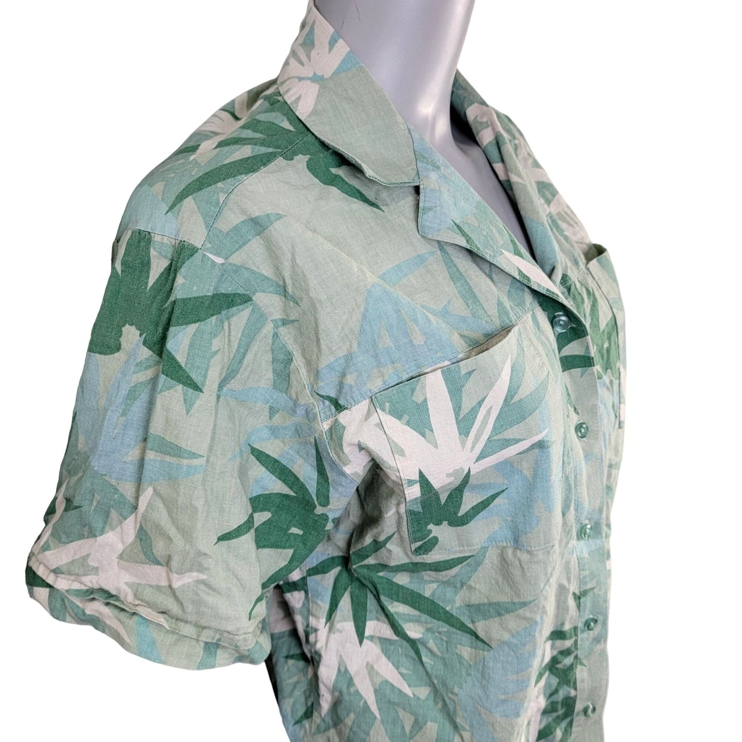 Vintage 80s Tropical Palm Button Shirt Women Large Green Top