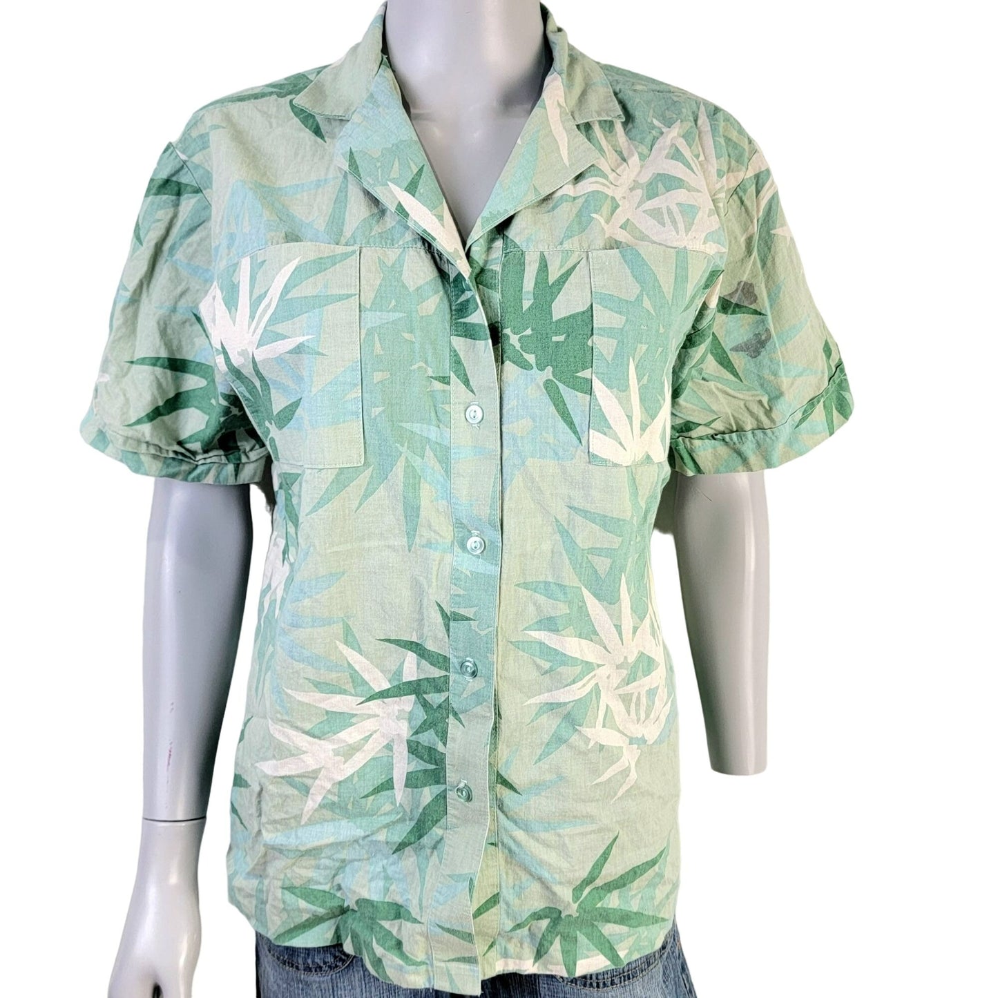Vintage 80s Tropical Palm Button Shirt Women Large Green Top