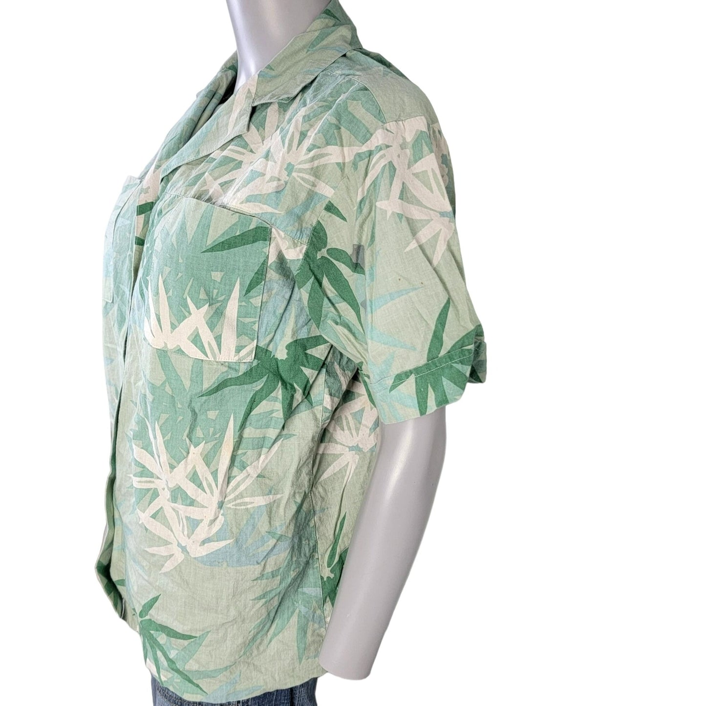 Vintage 80s Tropical Palm Button Shirt Women Large Green Top