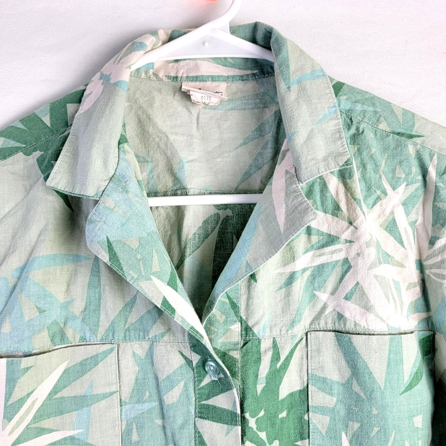 Vintage 80s Tropical Palm Button Shirt Women Large Green Top