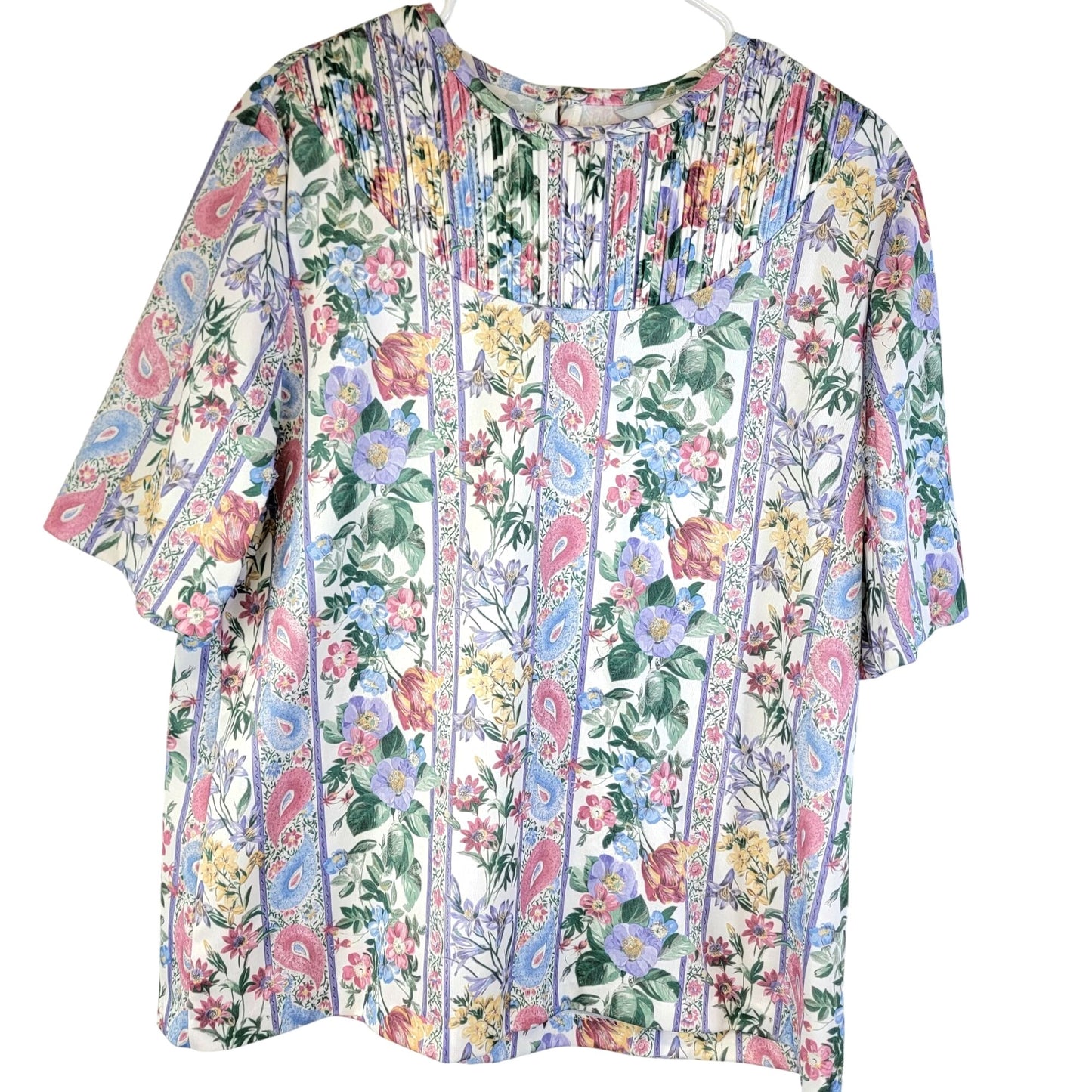 Blair Vintage 90s Blouse Shirt Women Large 12 14 Pink Blue Paisley Floral Top L