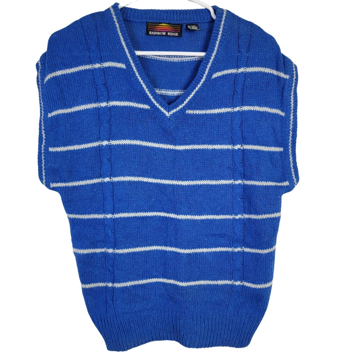 Vintage 80s Angora Silk Sweater Women Medium Retro Stripe Blue