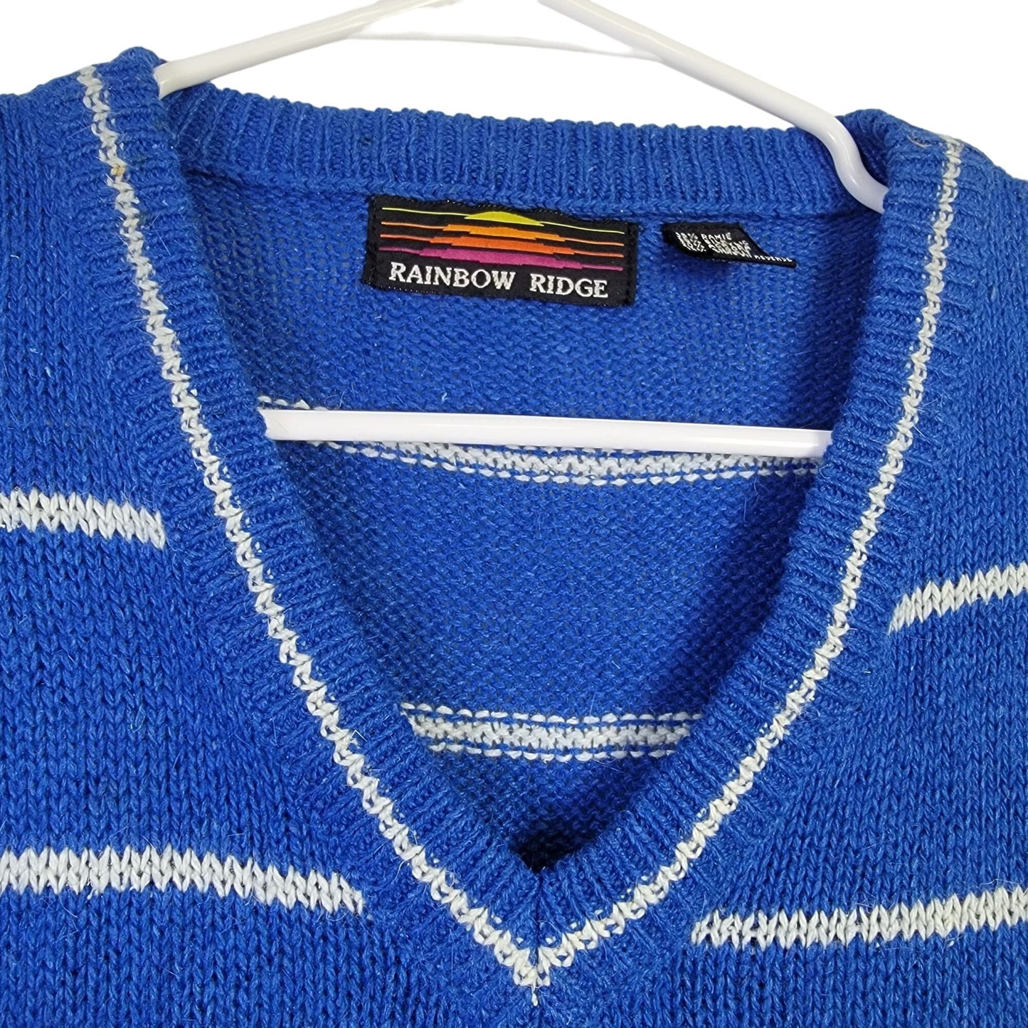 Vintage 80s Angora Silk Sweater Women Medium Retro Stripe Blue