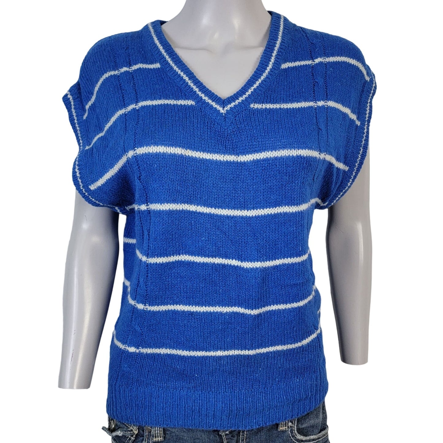 Vintage 80s Angora Silk Sweater Women Medium Retro Stripe Blue