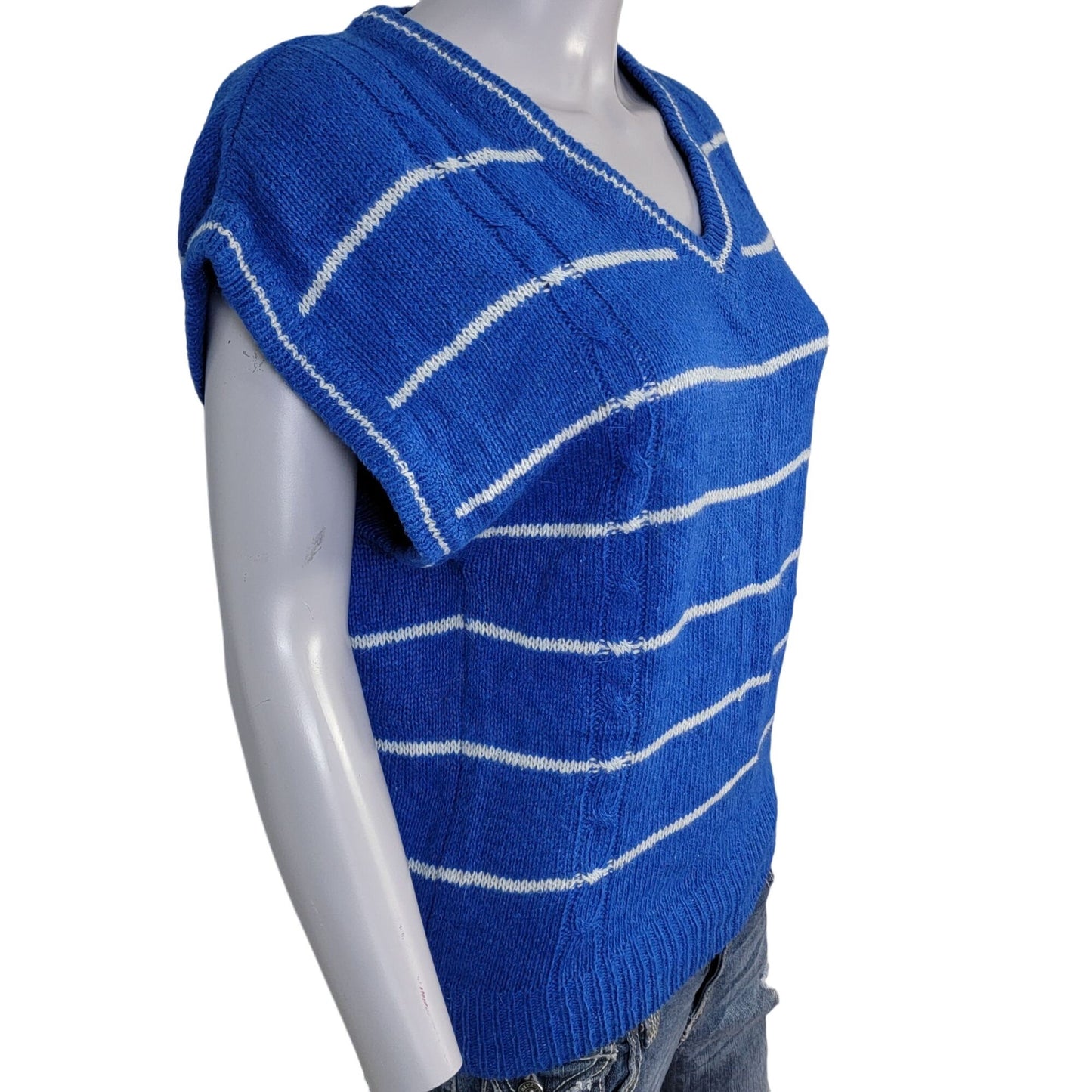 Vintage 80s Angora Silk Sweater Women Medium Retro Stripe Blue