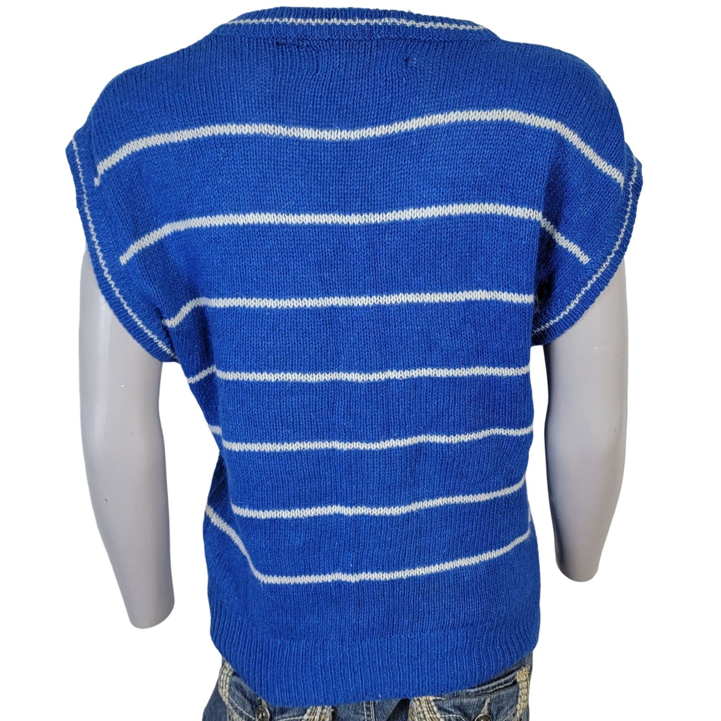 Vintage 80s Angora Silk Sweater Women Medium Retro Stripe Blue