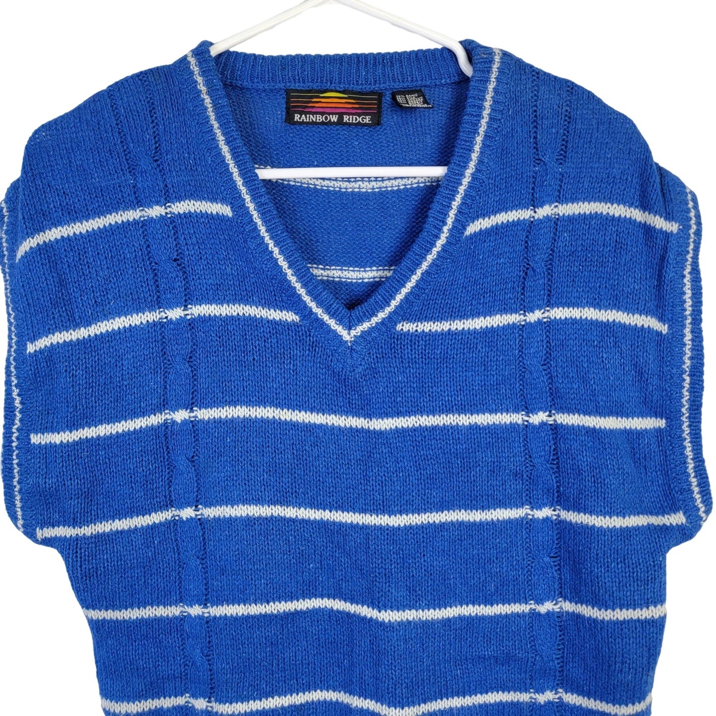 Vintage 80s Angora Silk Sweater Women Medium Retro Stripe Blue