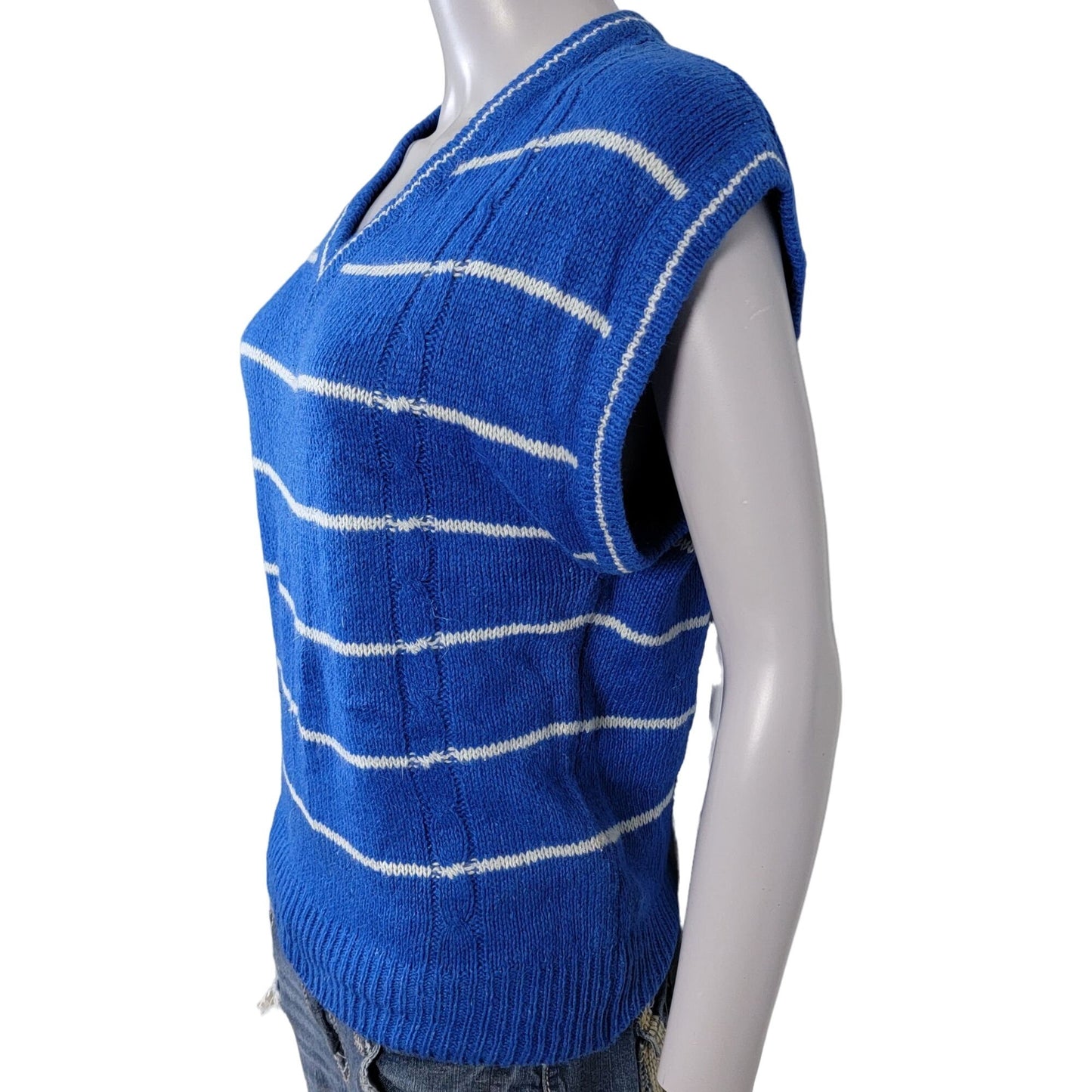 Vintage 80s Angora Silk Sweater Women Medium Retro Stripe Blue