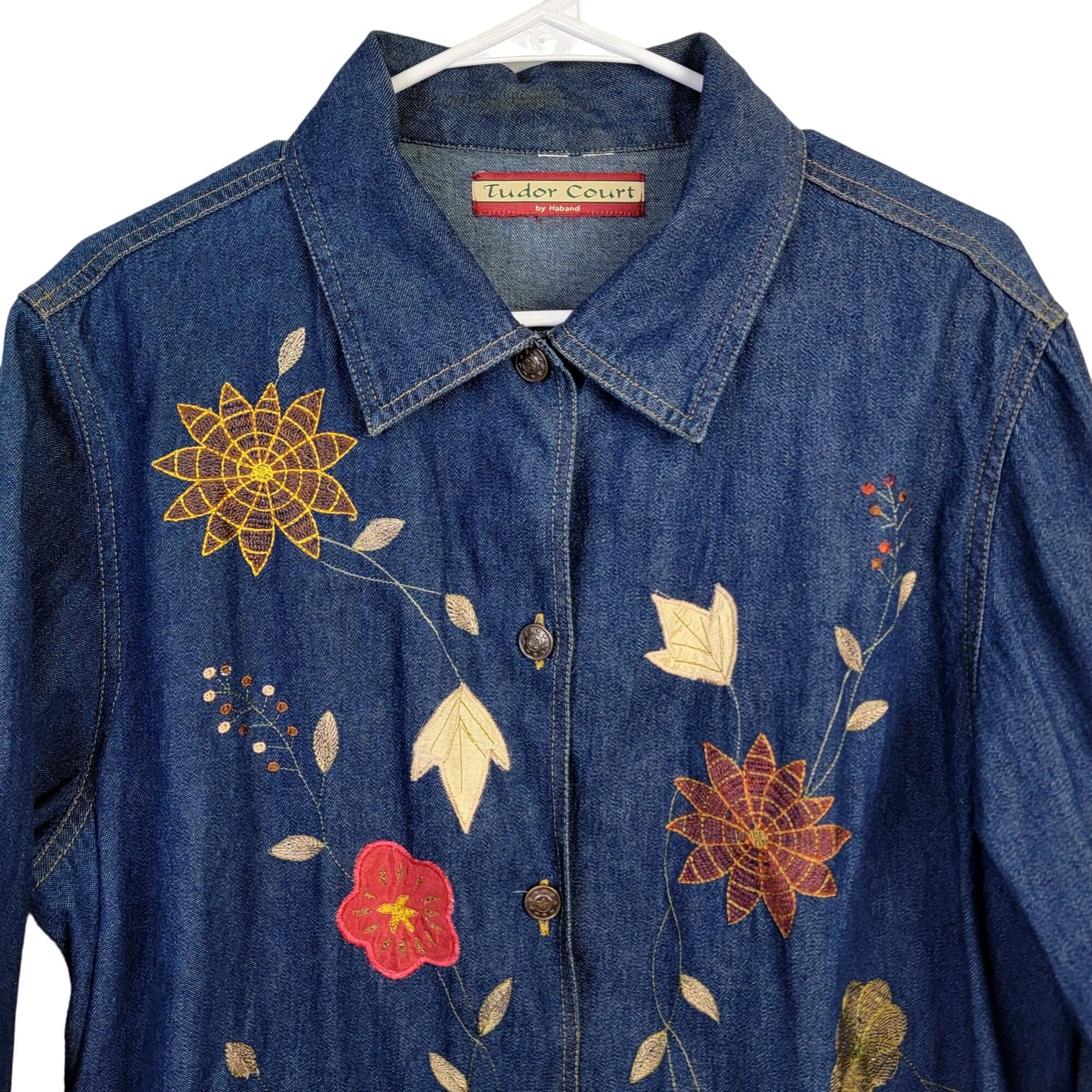 Vintage 90s Embroidered Denim Shirt Women XL 14 16 Button Leaves Fall