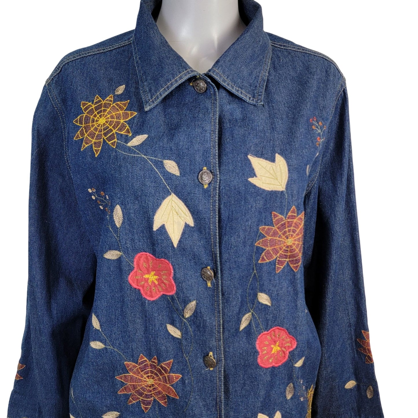 Vintage 90s Embroidered Denim Shirt Women XL 14 16 Button Leaves Fall