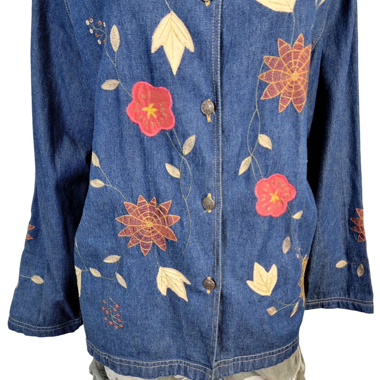 Vintage 90s Embroidered Denim Shirt Women XL 14 16 Button Leaves Fall