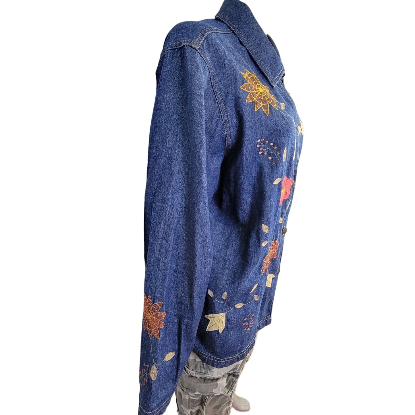 Vintage 90s Embroidered Denim Shirt Women XL 14 16 Button Leaves Fall