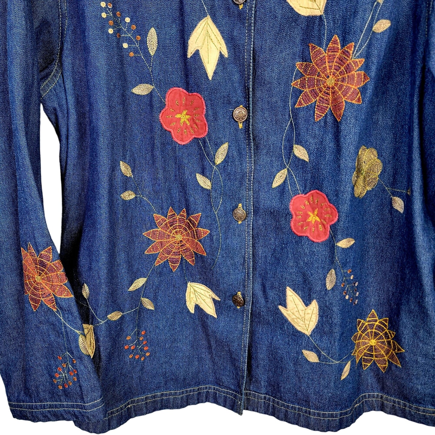Vintage 90s Embroidered Denim Shirt Women XL 14 16 Button Leaves Fall