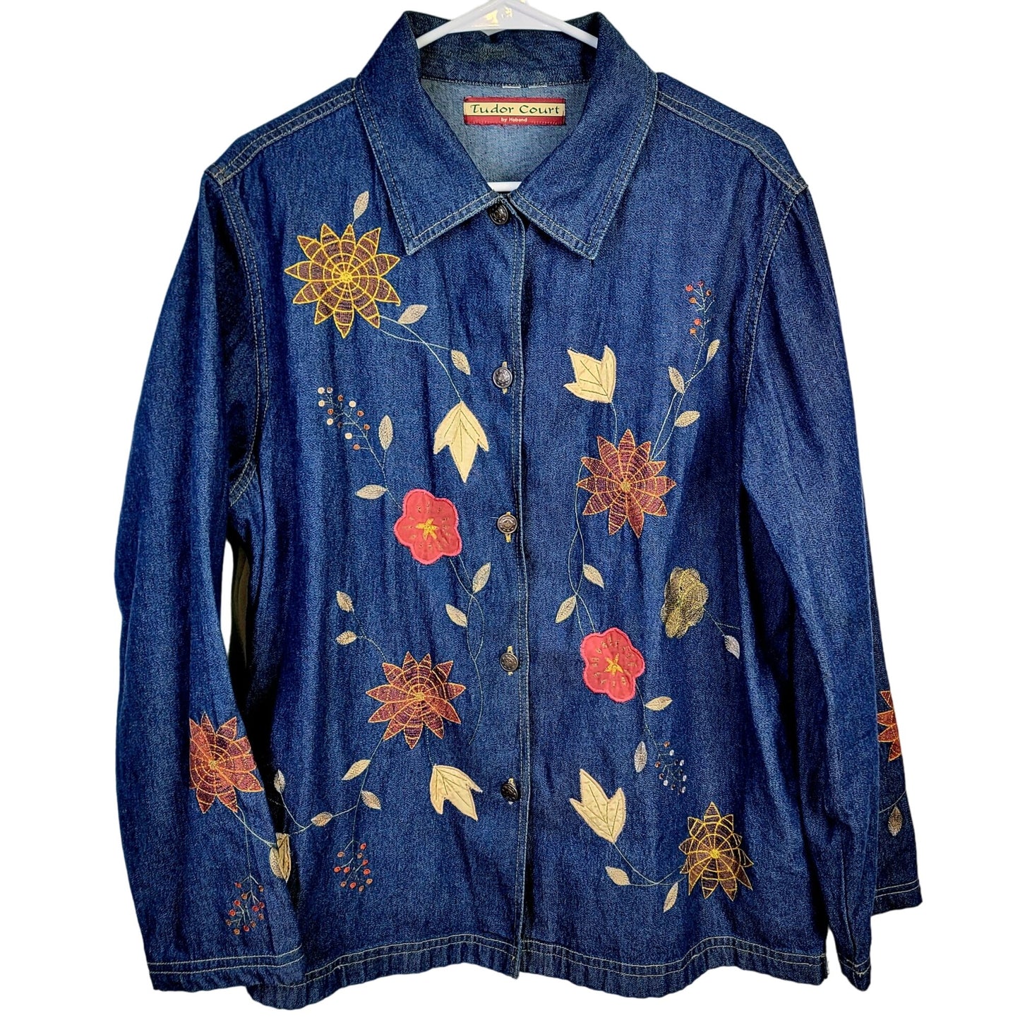Vintage 90s Embroidered Denim Shirt Women XL 14 16 Button Leaves Fall