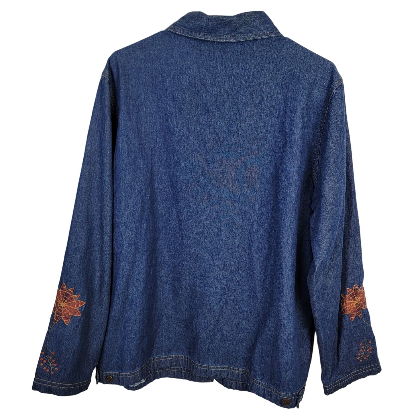 Vintage 90s Embroidered Denim Shirt Women XL 14 16 Button Leaves Fall