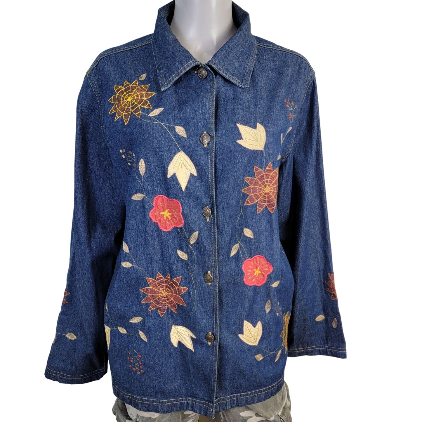 Vintage 90s Embroidered Denim Shirt Women XL 14 16 Button Leaves Fall