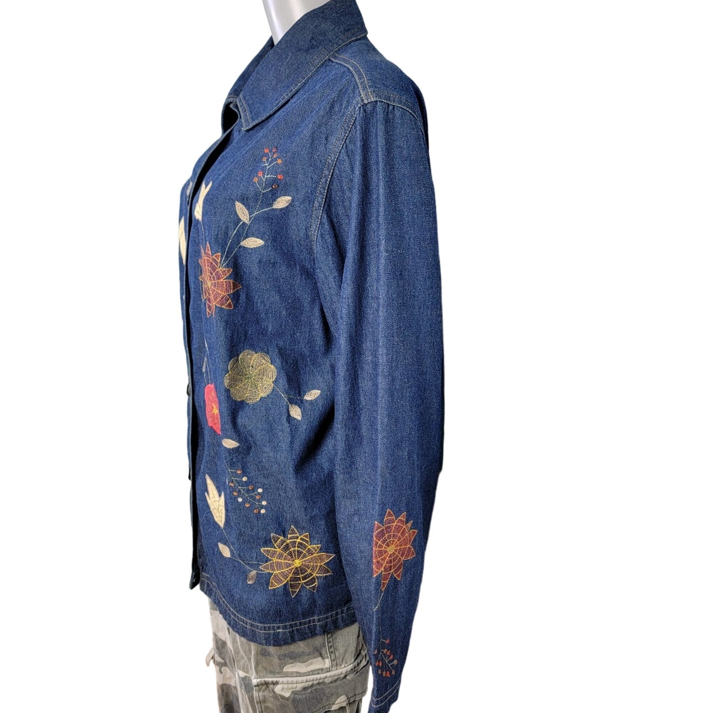Vintage 90s Embroidered Denim Shirt Women XL 14 16 Button Leaves Fall