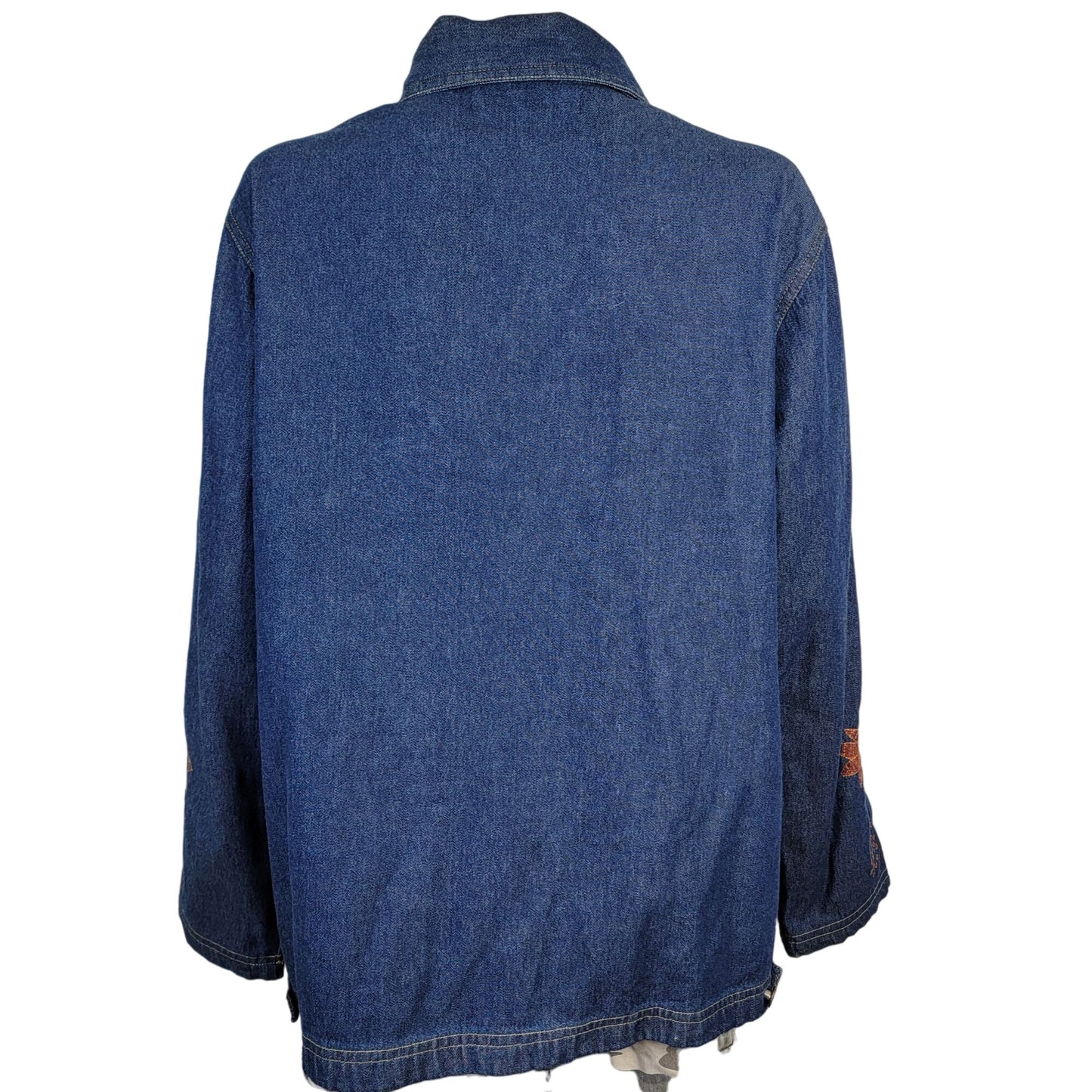 Vintage 90s Embroidered Denim Shirt Women XL 14 16 Button Leaves Fall