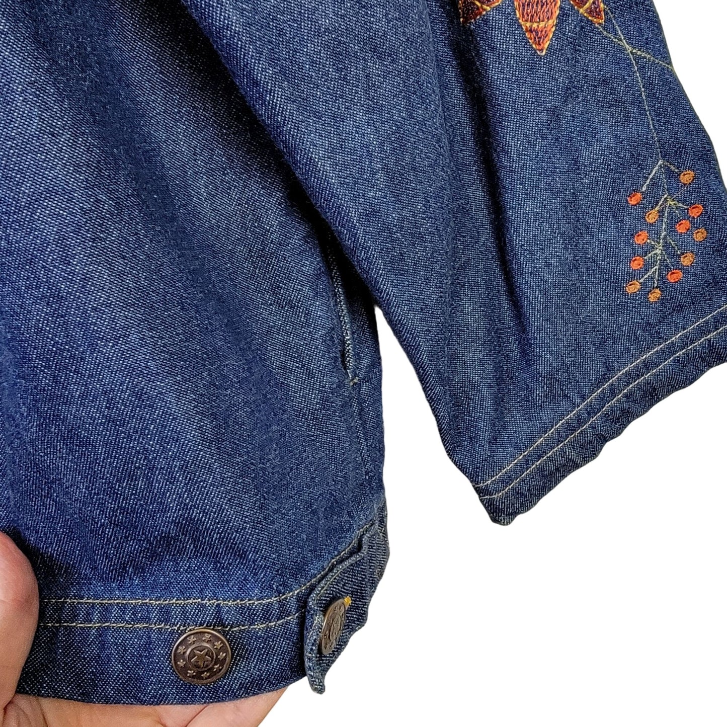 Vintage 90s Embroidered Denim Shirt Women XL 14 16 Button Leaves Fall