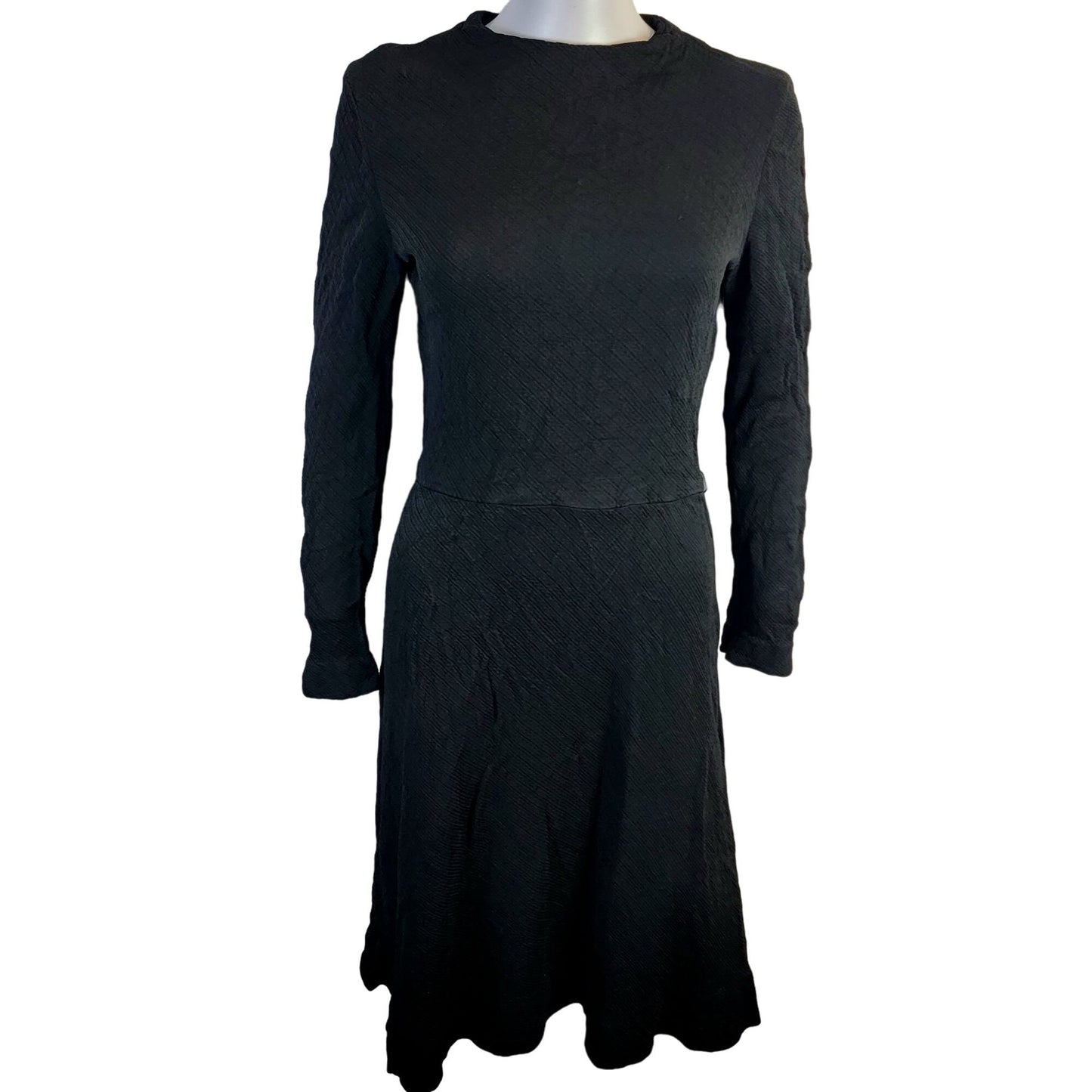 Vintage 70s Ribbed Black Dress Women 8 Medium Long Sleeves Knee Length