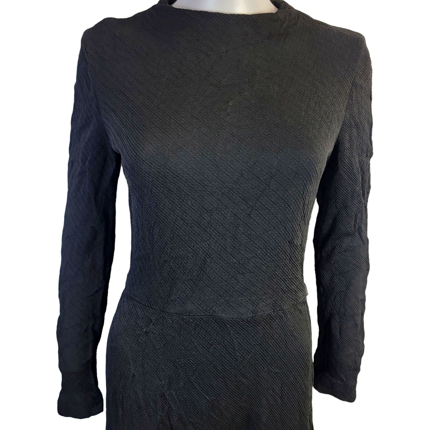 Vintage 70s Ribbed Black Dress Women 8 Medium Long Sleeves Knee Length