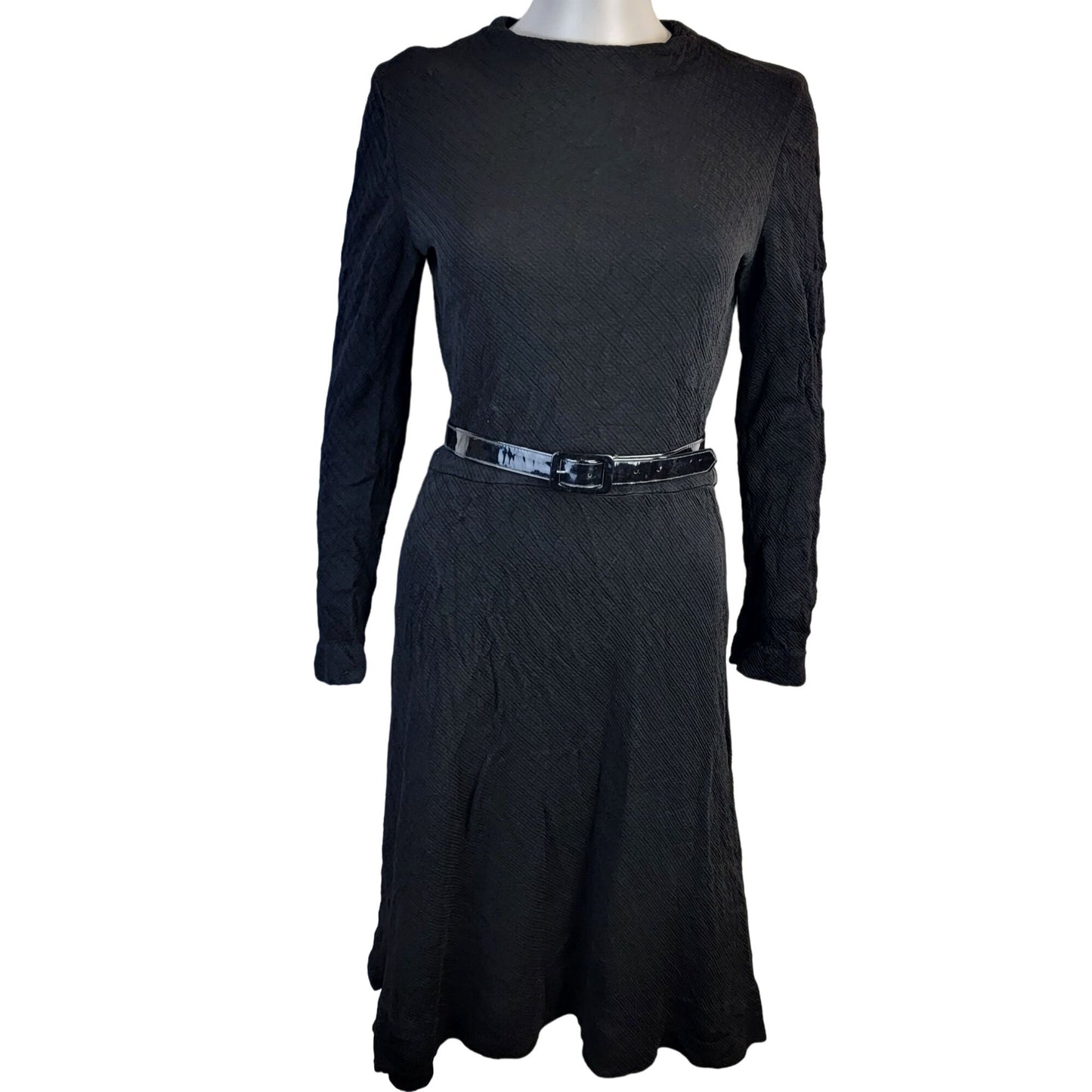 Vintage 70s Ribbed Black Dress Women 8 Medium Long Sleeves Knee Length