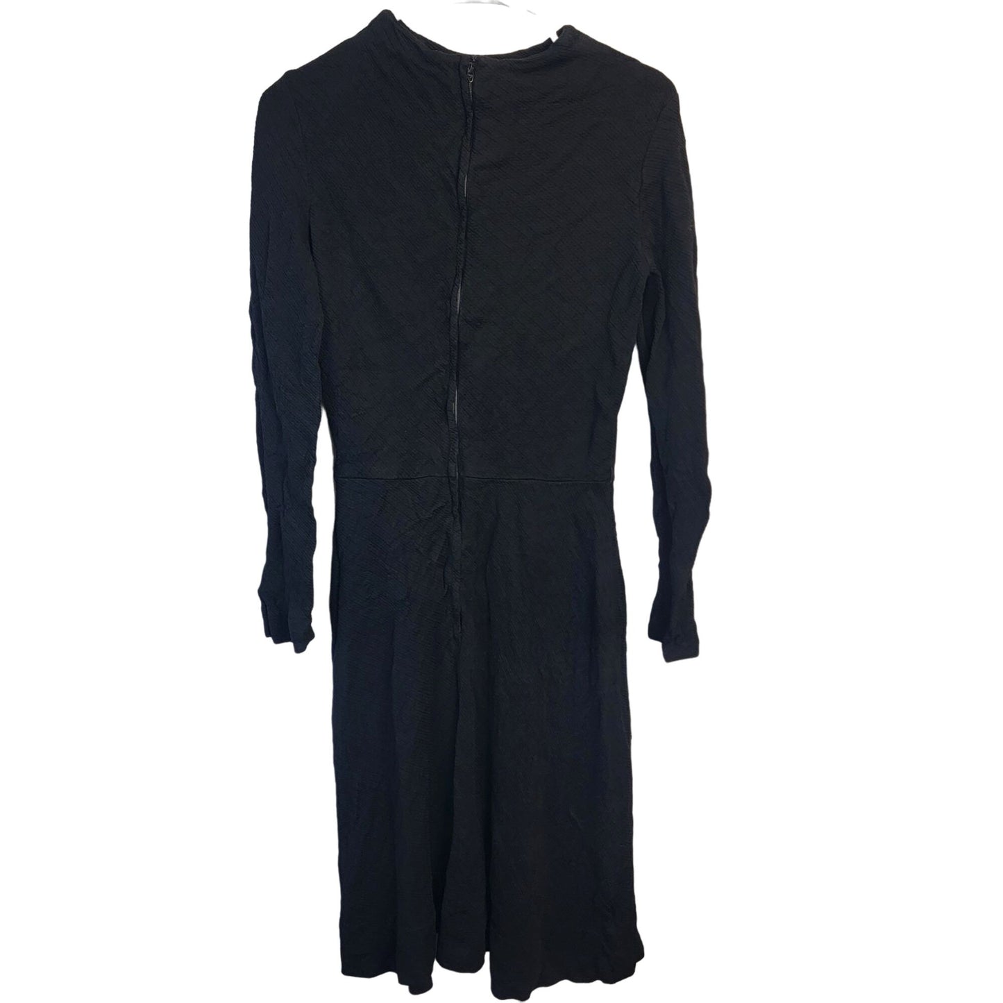 Vintage 70s Ribbed Black Dress Women 8 Medium Long Sleeves Knee Length