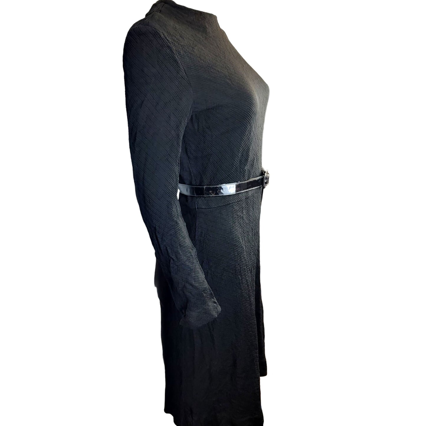Vintage 70s Ribbed Black Dress Women 8 Medium Long Sleeves Knee Length