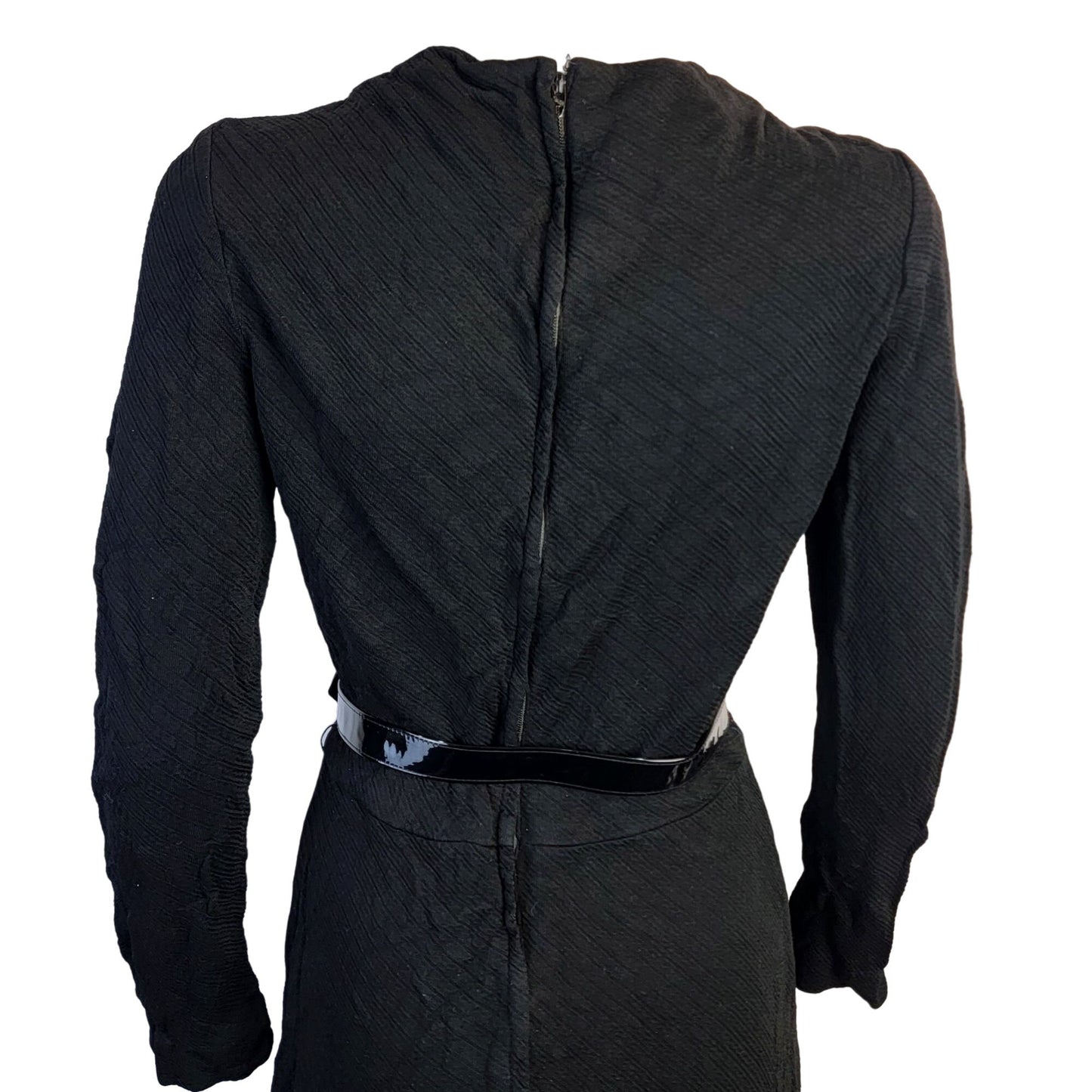 Vintage 70s Ribbed Black Dress Women 8 Medium Long Sleeves Knee Length