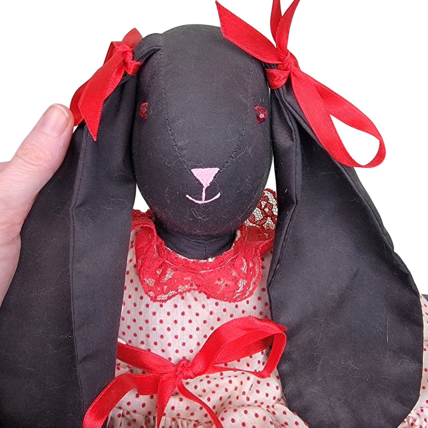 Vintage 80s Handmade Rabbit Stuffed Animal Red Black Ruffle