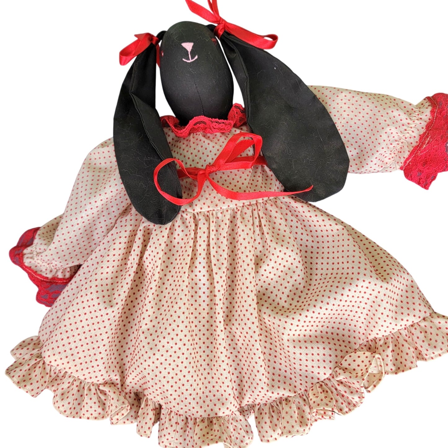 Vintage 80s Handmade Rabbit Stuffed Animal Red Black Ruffle