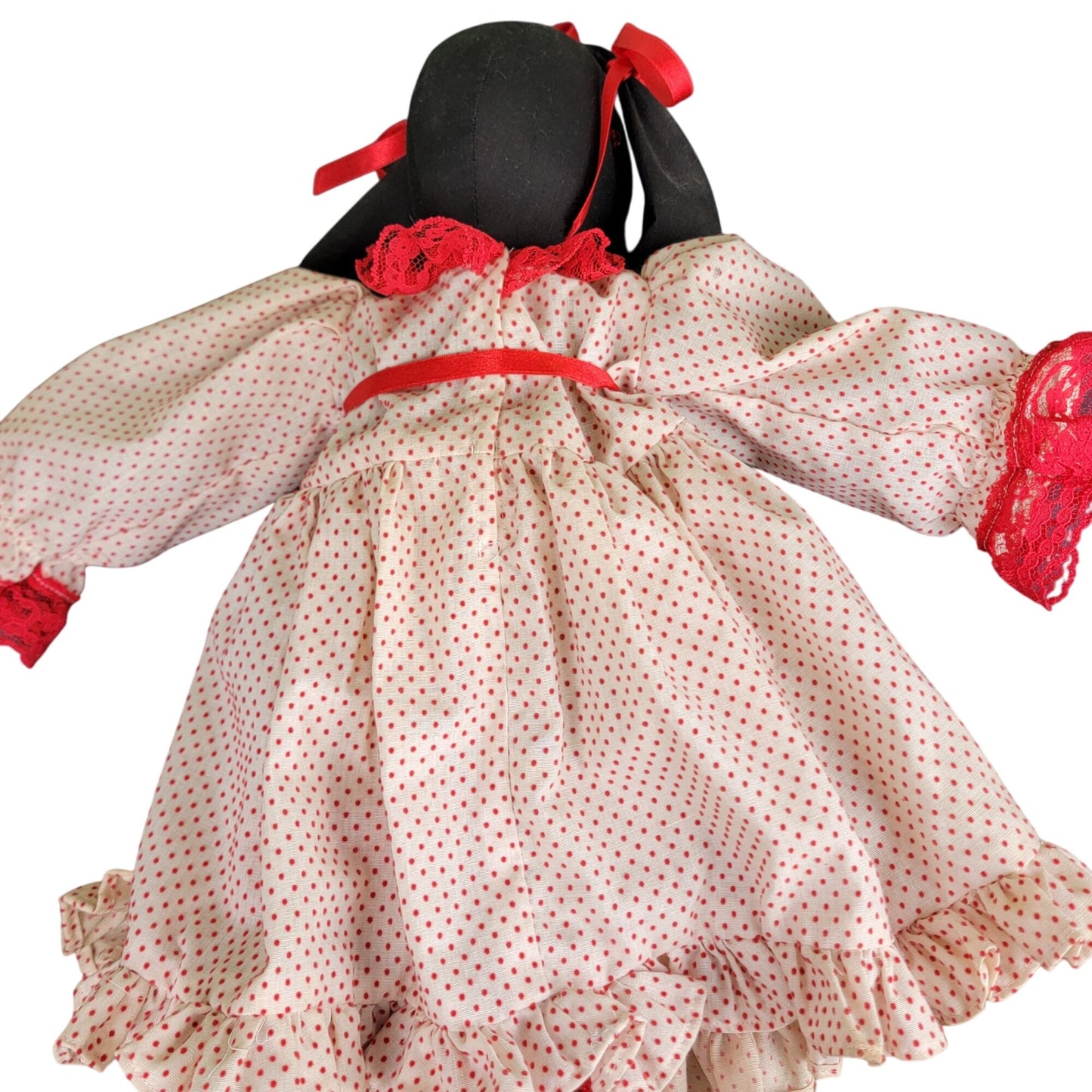 Vintage 80s Handmade Rabbit Stuffed Animal Red Black Ruffle