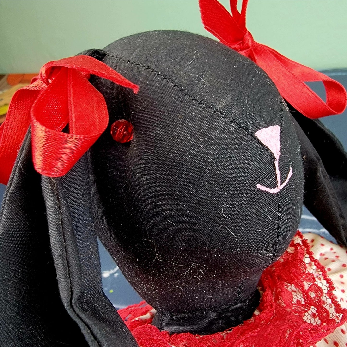 Vintage 80s Handmade Rabbit Stuffed Animal Red Black Ruffle