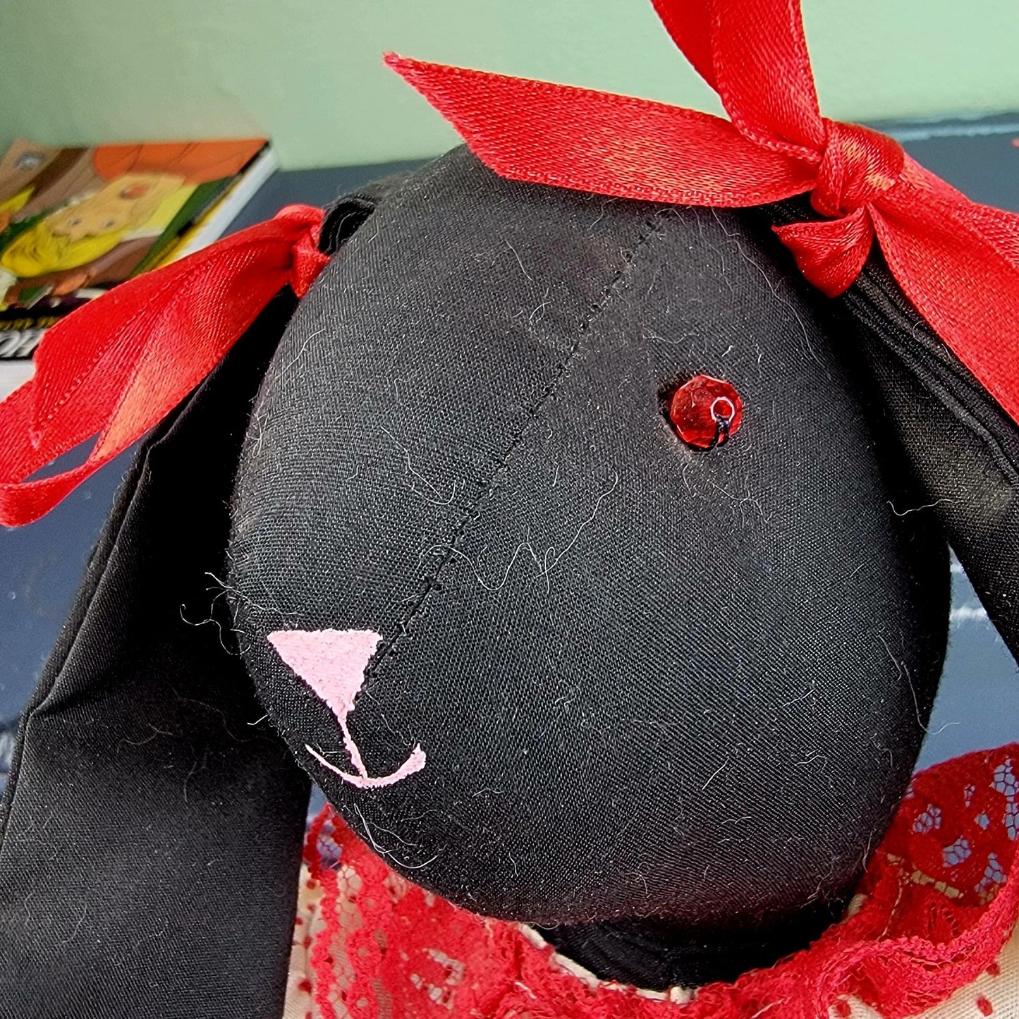 Vintage 80s Handmade Rabbit Stuffed Animal Red Black Ruffle